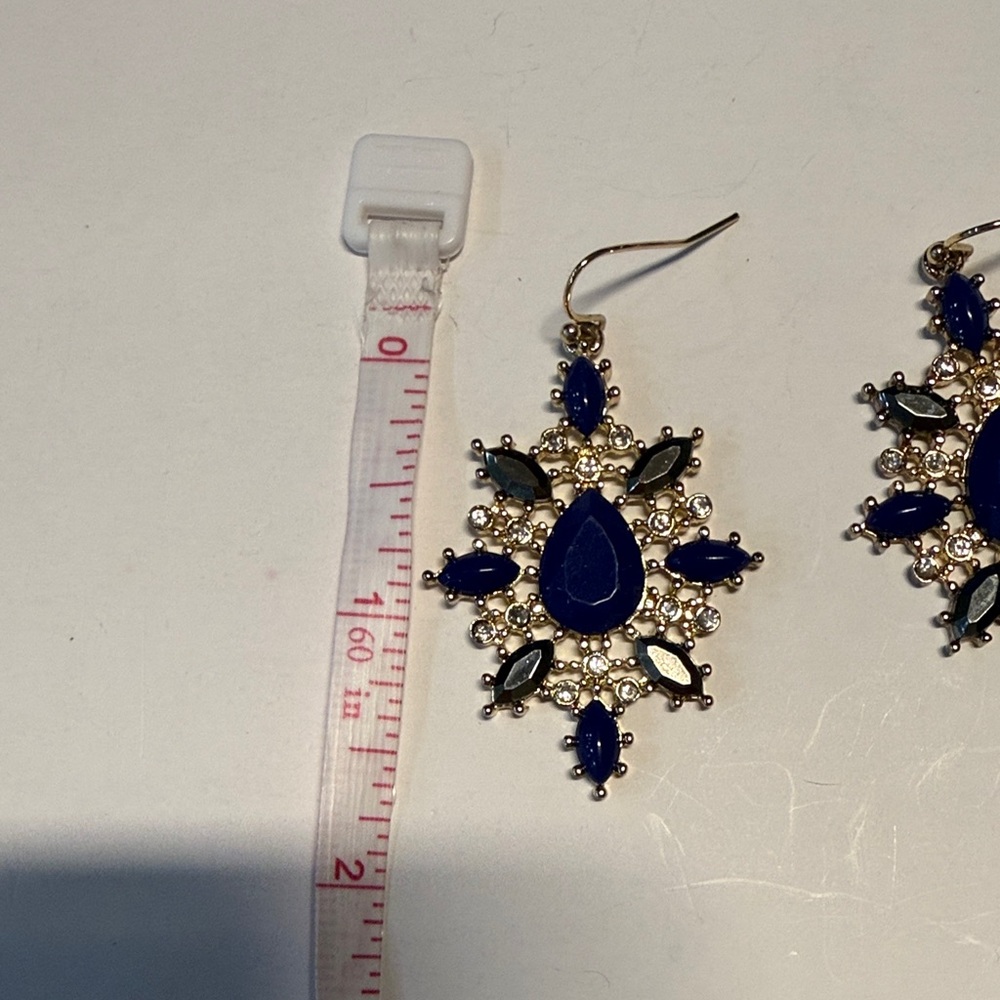 Blue & Gold Statement Earrings | Rhinestone Dangle - Picture 6 of 6